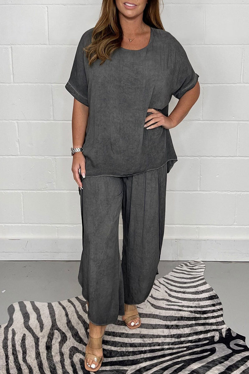 Plus Size Casual Solid Asymmetrical O Neck Short Sleeve Two Pieces