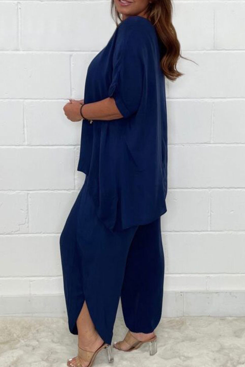 Plus Size Casual Solid Asymmetrical O Neck Short Sleeve Two Pieces