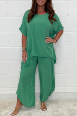 Plus Size Casual Solid Asymmetrical O Neck Short Sleeve Two Pieces