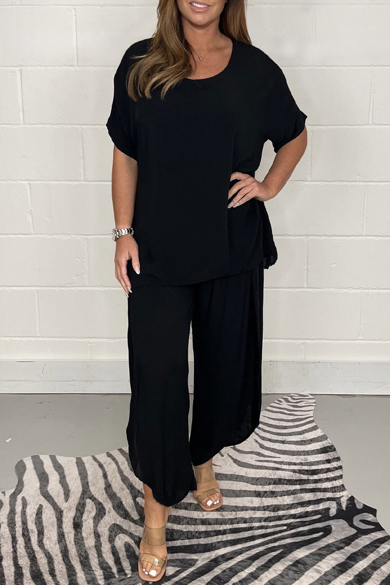 Plus Size Casual Solid Asymmetrical O Neck Short Sleeve Two Pieces