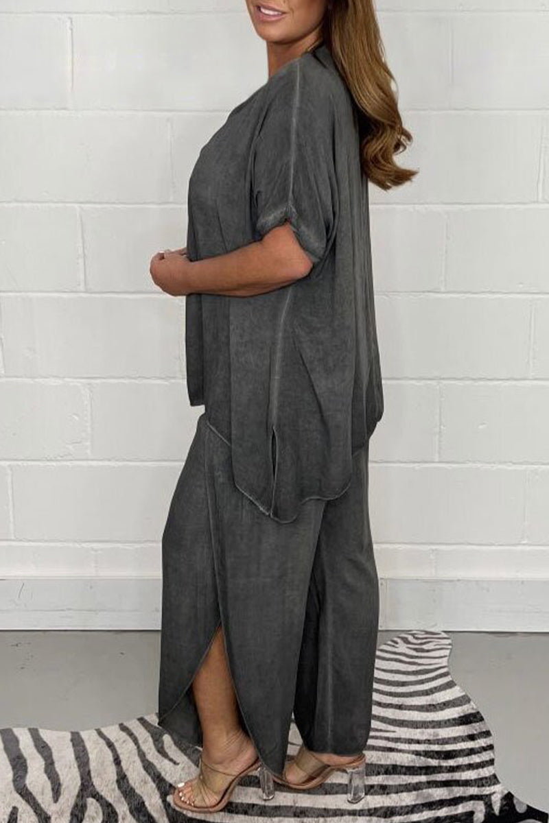 Plus Size Casual Solid Asymmetrical O Neck Short Sleeve Two Pieces