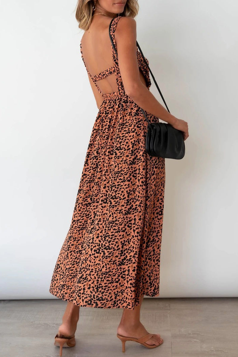 Sexy College Animal Print Print Backless Halter A Line Dresses