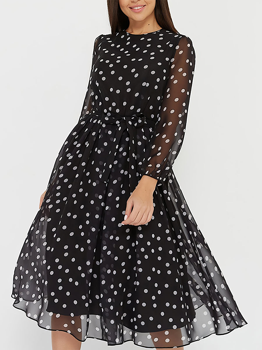 Women's Dresses Retro Chiffon Round Neck Polka Dot Long Sleeve Midi Dress