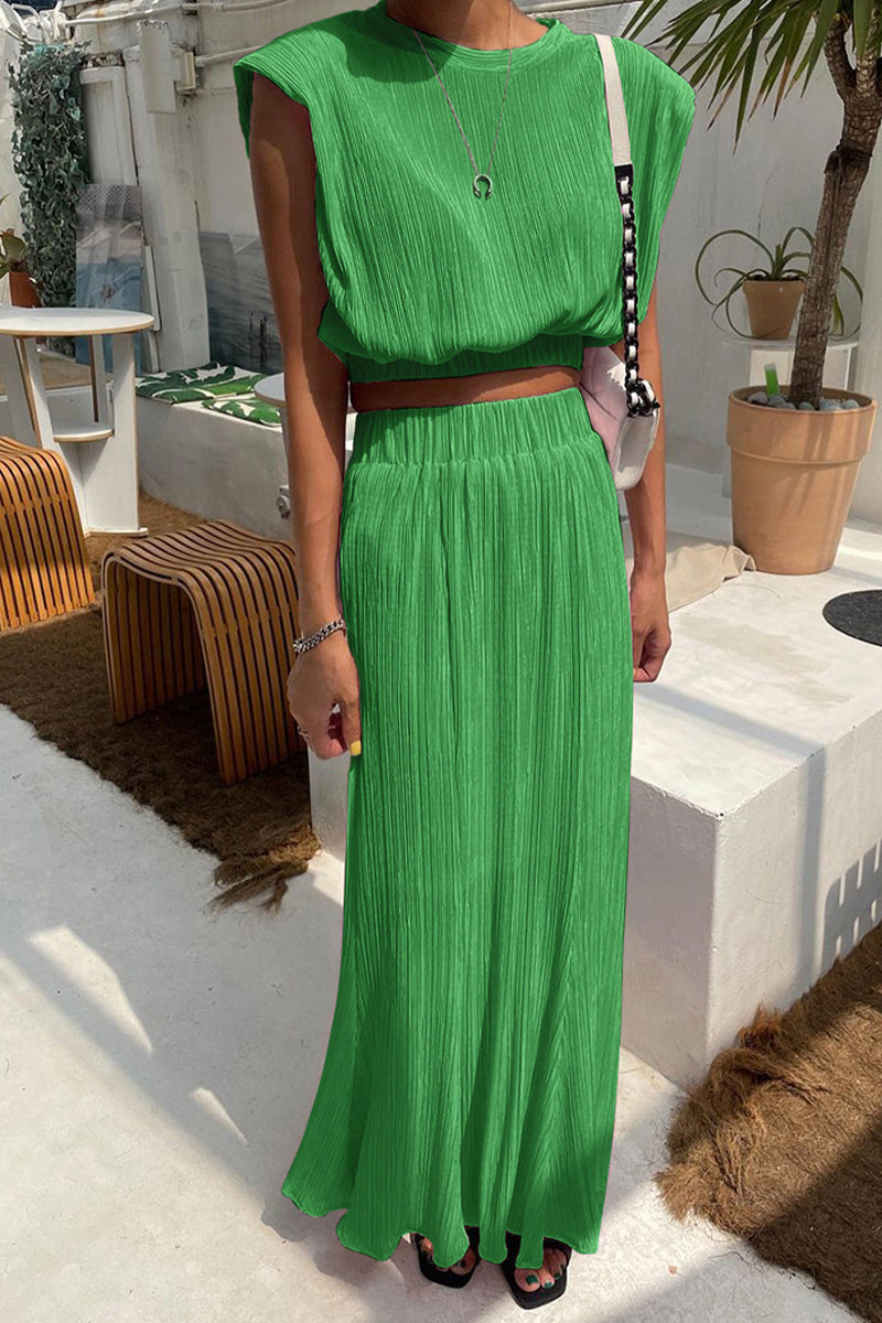 Casual Simplicity Solid Fold O Neck Sleeveless Two Pieces
