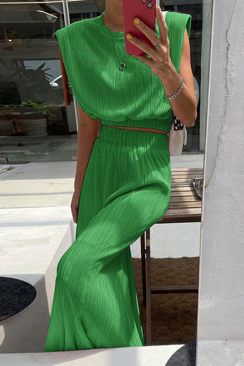 Casual Simplicity Solid Fold O Neck Sleeveless Two Pieces