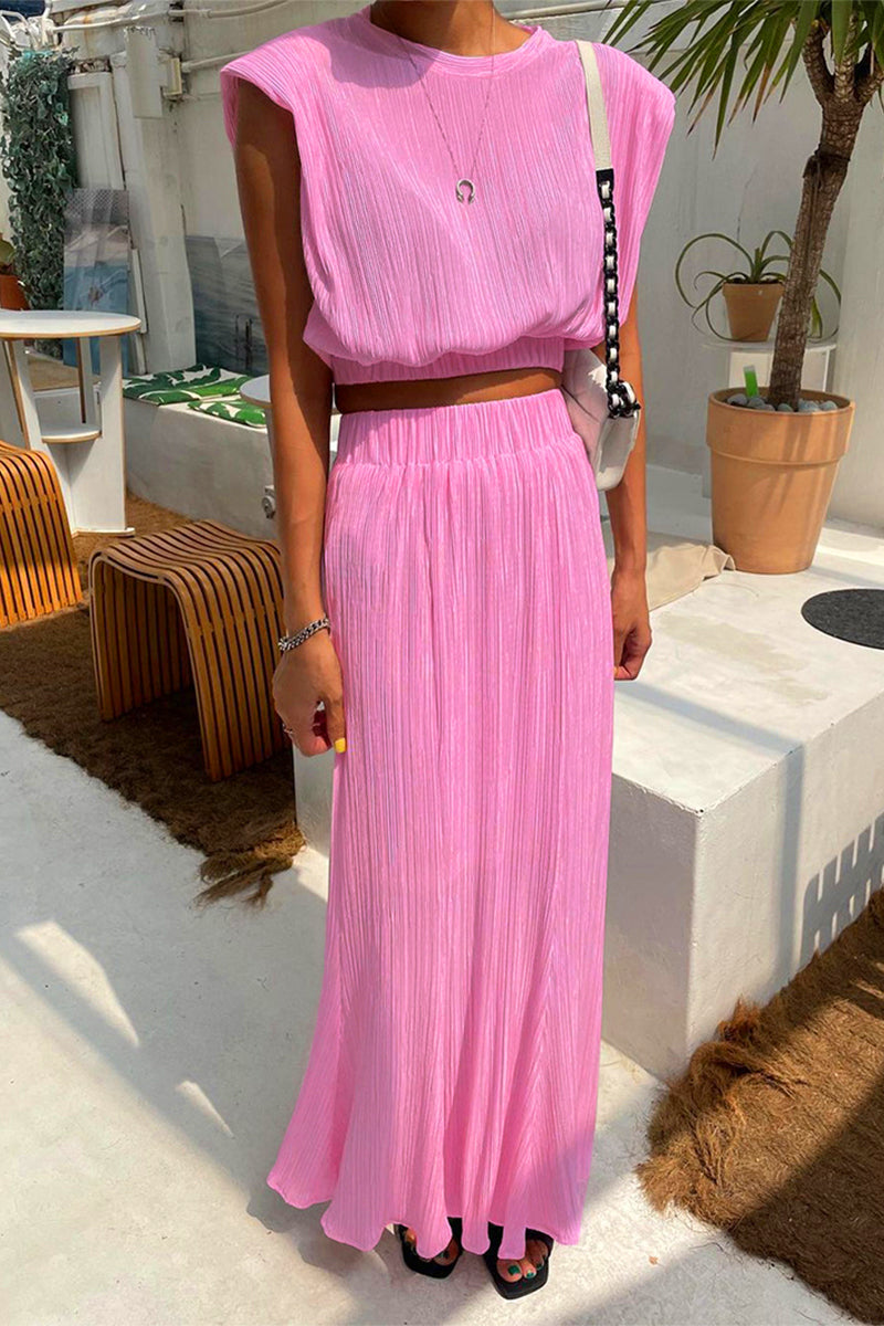 Casual Simplicity Solid Fold O Neck Sleeveless Two Pieces