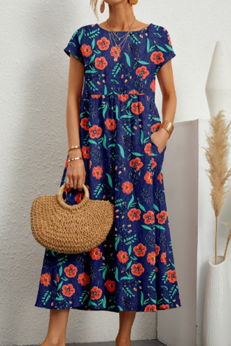Casual Floral Pocket O Neck Printed Dress Dresses(9 Colors)