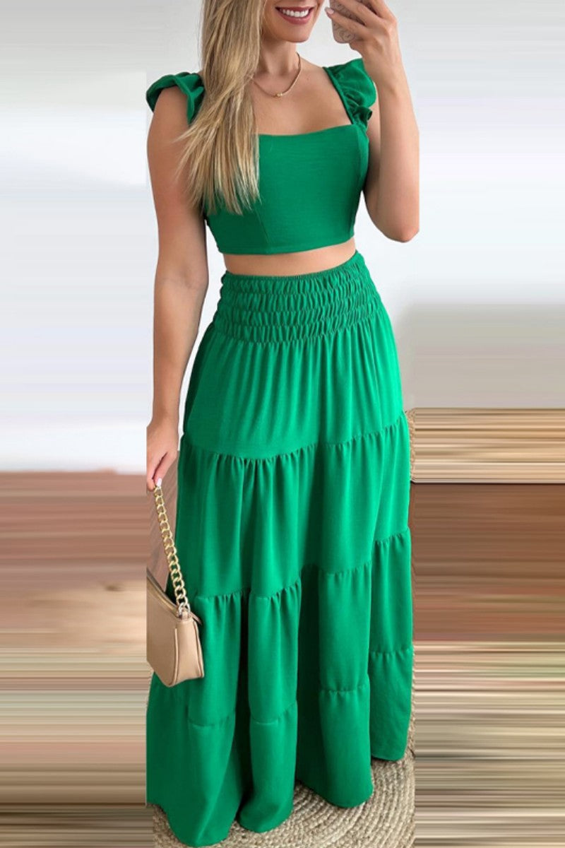 Casual Solid Backless Square Collar Sleeveless Two Pieces