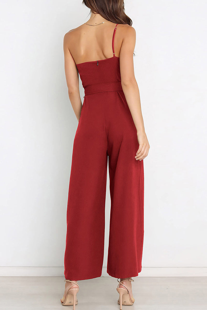 Casual Simplicity Solid Bandage Oblique Collar Straight Jumpsuits(6 Colors)