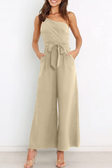 Casual Simplicity Solid Bandage Oblique Collar Straight Jumpsuits(6 Colors)