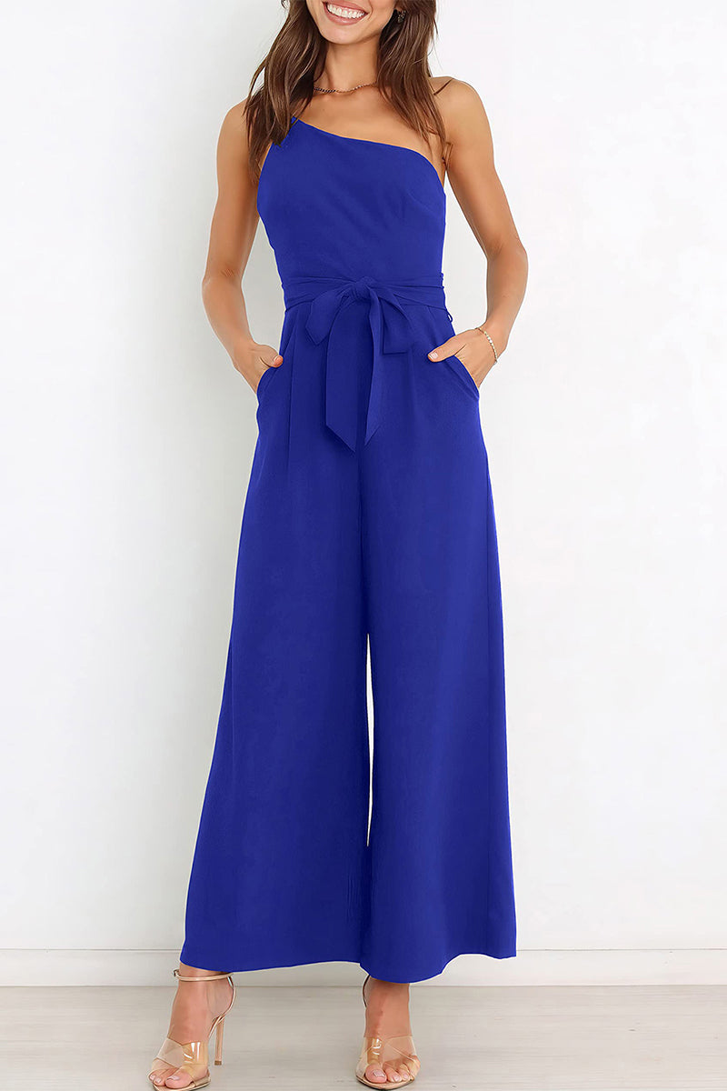 Casual Simplicity Solid Bandage Oblique Collar Straight Jumpsuits(6 Colors)