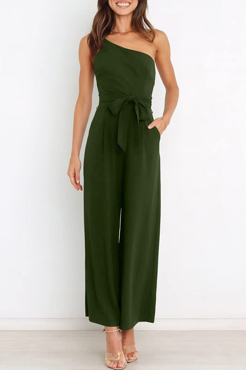 Casual Simplicity Solid Bandage Oblique Collar Straight Jumpsuits(6 Colors)