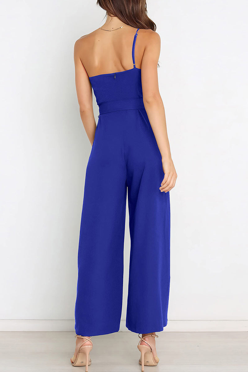 Casual Simplicity Solid Bandage Oblique Collar Straight Jumpsuits(6 Colors)