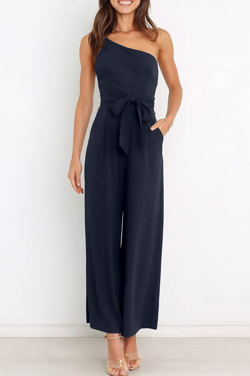 Casual Simplicity Solid Bandage Oblique Collar Straight Jumpsuits(6 Colors)