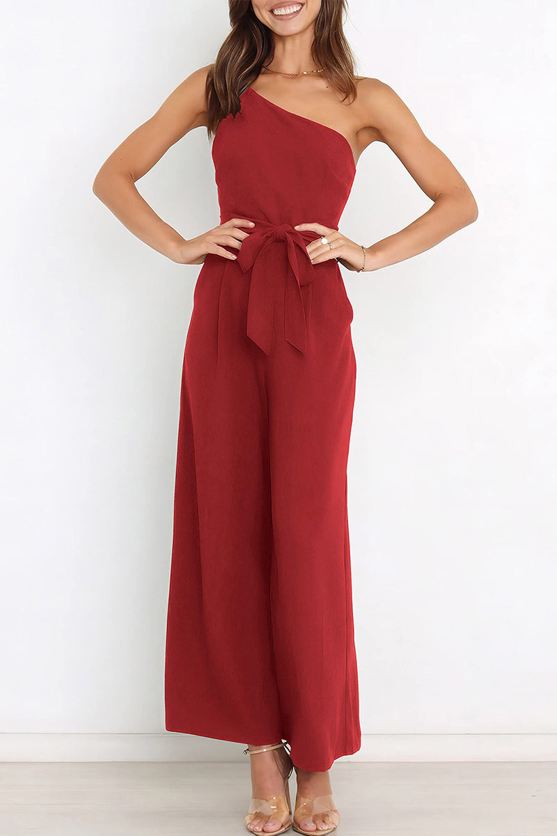 Casual Simplicity Solid Bandage Oblique Collar Straight Jumpsuits(6 Colors)