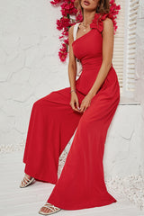 Casual Solid Pocket Flounce Oblique Collar Straight Jumpsuits
