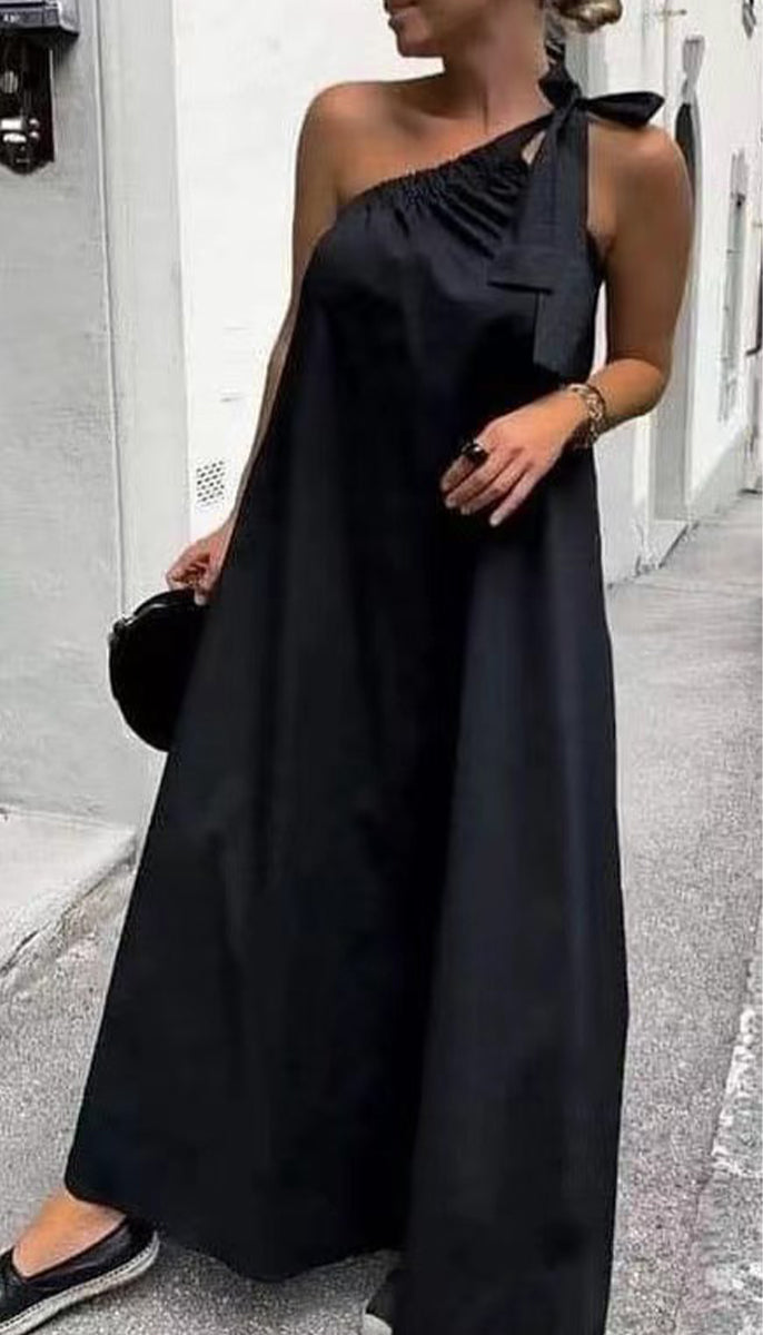 Casual Solid Frenulum Oblique Collar Sleeveless Dress Dresses(4 Colors)