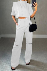 Casual Simplicity Solid Ripped Pocket Half A Turtleneck Half Sleeve Two Pieces