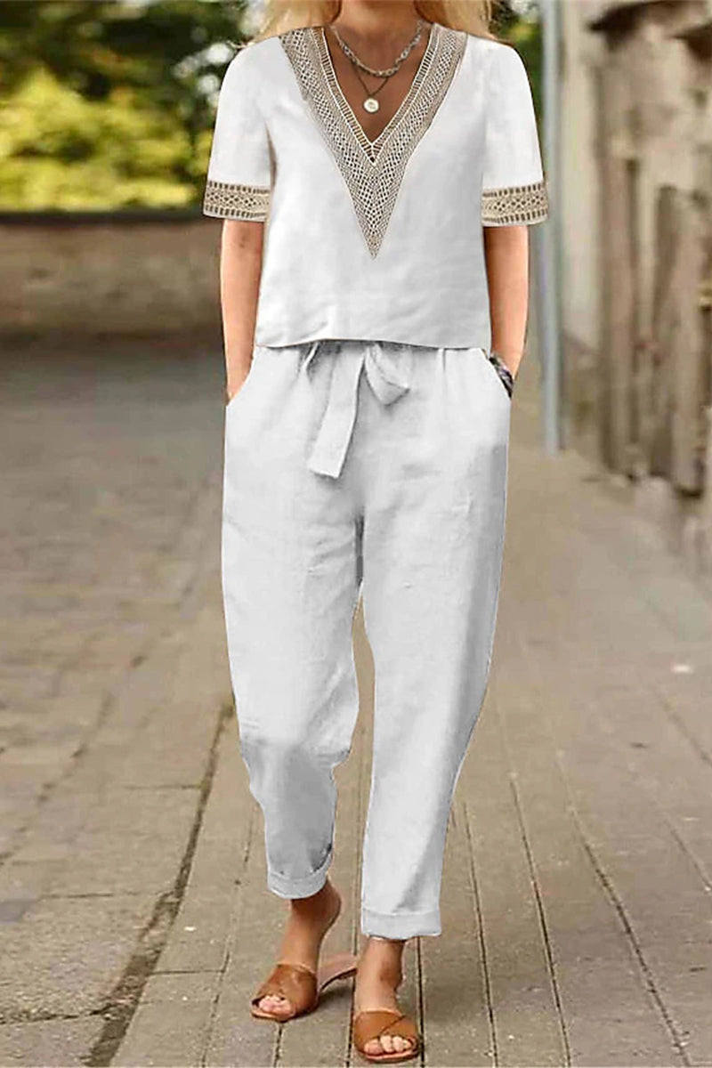 Casual Solid Lace Patchwork V Neck Short Sleeve Two Pieces