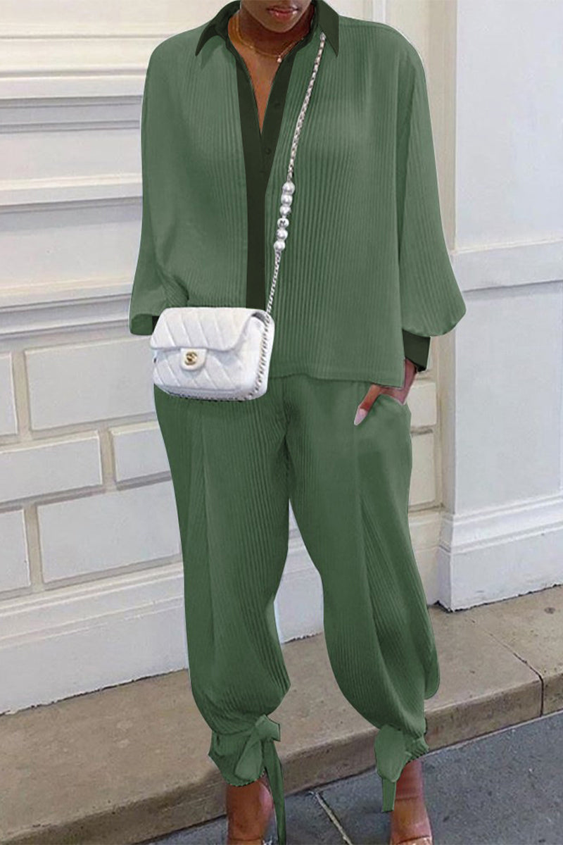 Casual Solid Pocket Turndown Collar Long Sleeve Two Pieces