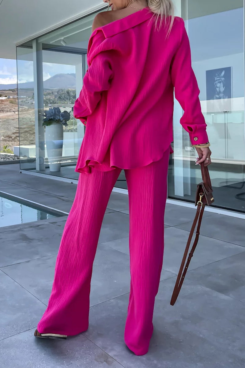 Casual Simplicity Solid Fold Turndown Collar Long Sleeve Two Pieces