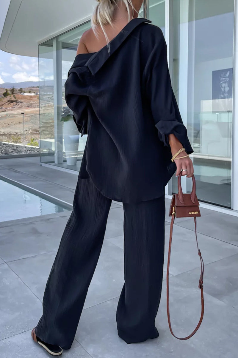 Casual Simplicity Solid Fold Turndown Collar Long Sleeve Two Pieces
