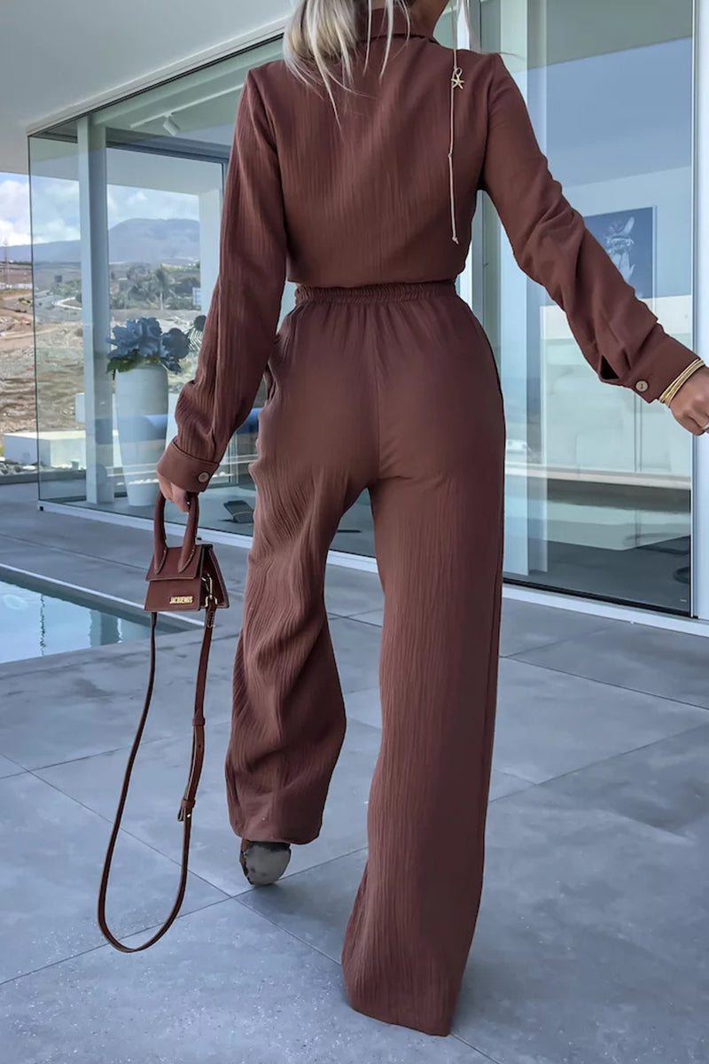 Casual Simplicity Solid Fold Turndown Collar Long Sleeve Two Pieces