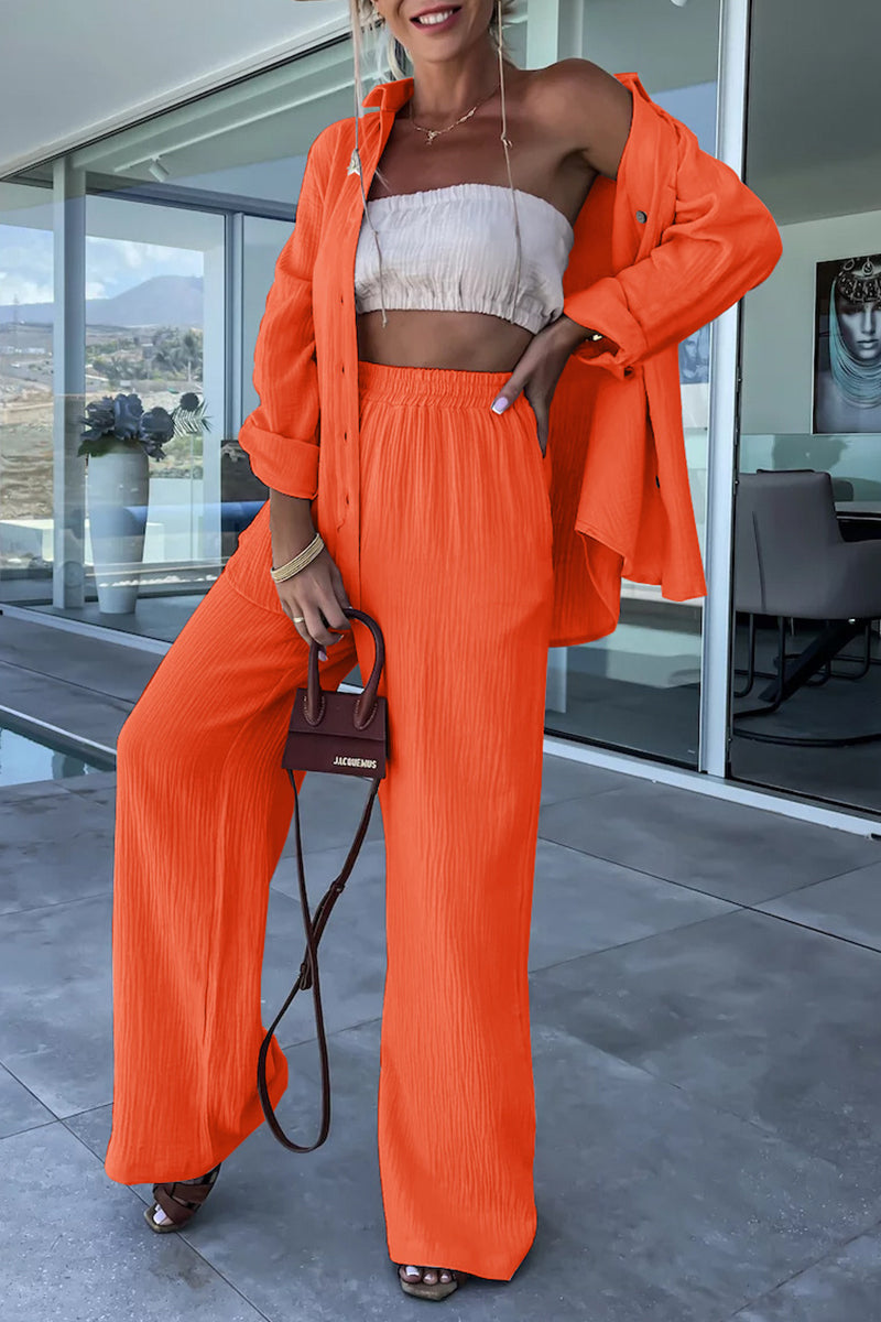 Casual Simplicity Solid Fold Turndown Collar Long Sleeve Two Pieces