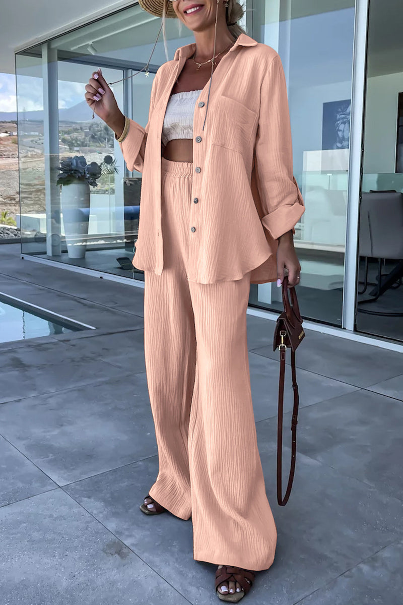 Casual Simplicity Solid Fold Turndown Collar Long Sleeve Two Pieces