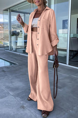 Casual Simplicity Solid Fold Turndown Collar Long Sleeve Two Pieces