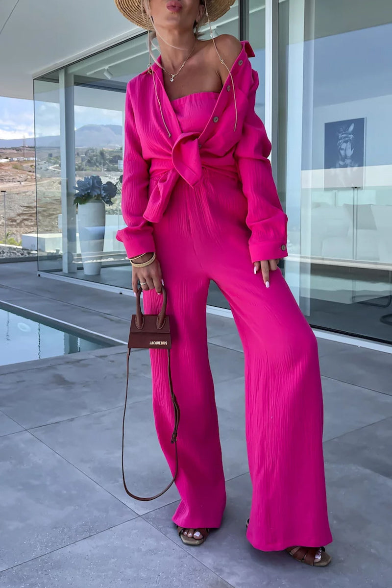 Casual Simplicity Solid Fold Turndown Collar Long Sleeve Two Pieces