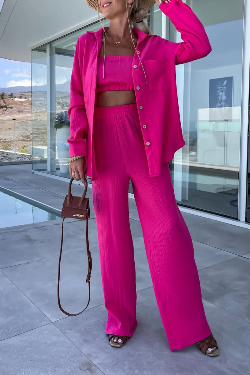Casual Simplicity Solid Fold Turndown Collar Long Sleeve Two Pieces