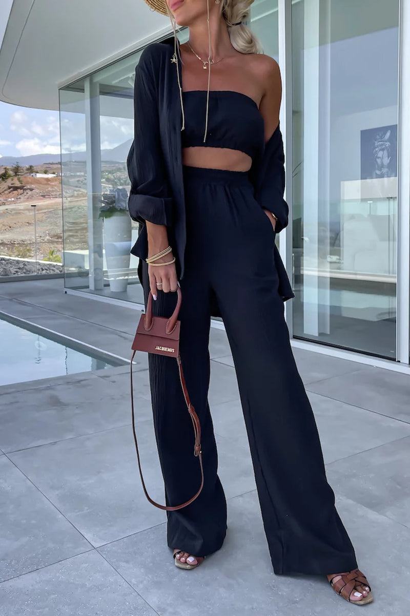 Casual Simplicity Solid Fold Turndown Collar Long Sleeve Two Pieces