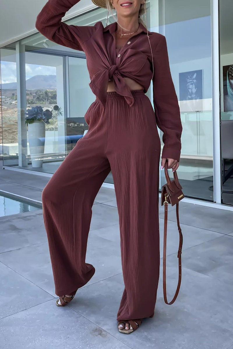 Casual Simplicity Solid Fold Turndown Collar Long Sleeve Two Pieces