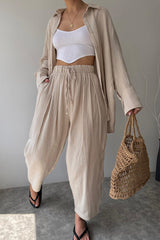 Daily Simplicity Solid Pocket Turndown Collar Long Sleeve Two Pieces