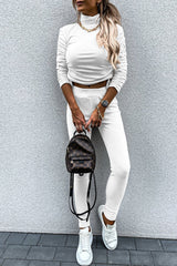 Casual Daily Solid Draw String Fold Turtleneck Long Sleeve Two Pieces(5 Colors)