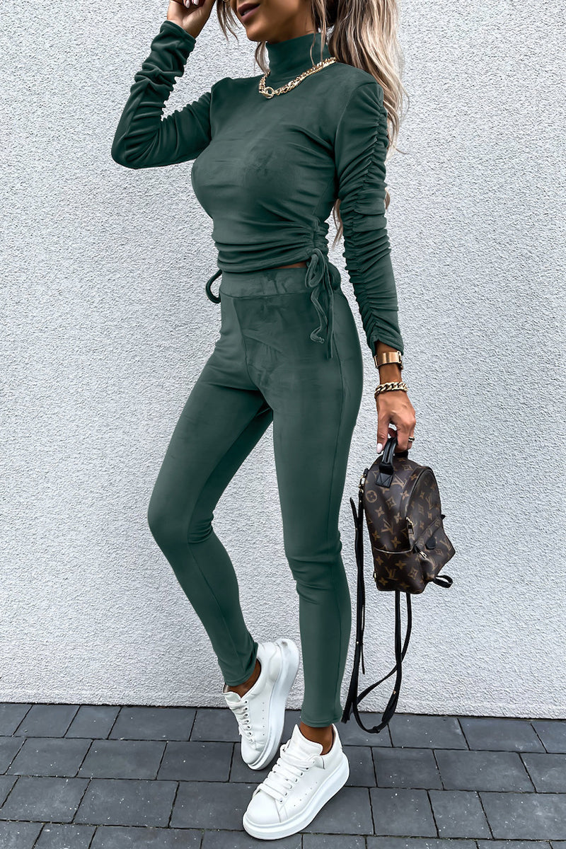 Casual Daily Solid Draw String Fold Turtleneck Long Sleeve Two Pieces(5 Colors)