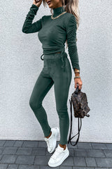 Casual Daily Solid Draw String Fold Turtleneck Long Sleeve Two Pieces(5 Colors)