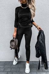 Casual Daily Solid Draw String Fold Turtleneck Long Sleeve Two Pieces(5 Colors)