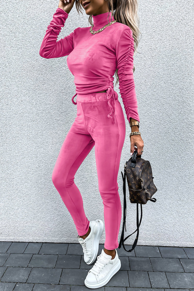 Casual Daily Solid Draw String Fold Turtleneck Long Sleeve Two Pieces(5 Colors)