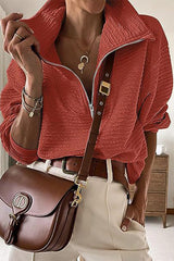 Casual Solid Draw String Zipper Turndown Collar Tops(6 Colors)
