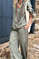 Casual Simplicity Solid Pocket V Neck Short Sleeve Two Pieces