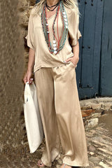 Casual Simplicity Solid Pocket V Neck Short Sleeve Two Pieces