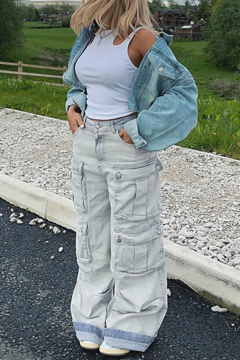 Casual Solid Patchwork High Waist Regular Denim Jeans