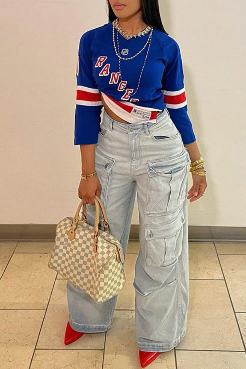 Casual Solid Patchwork High Waist Regular Denim Jeans