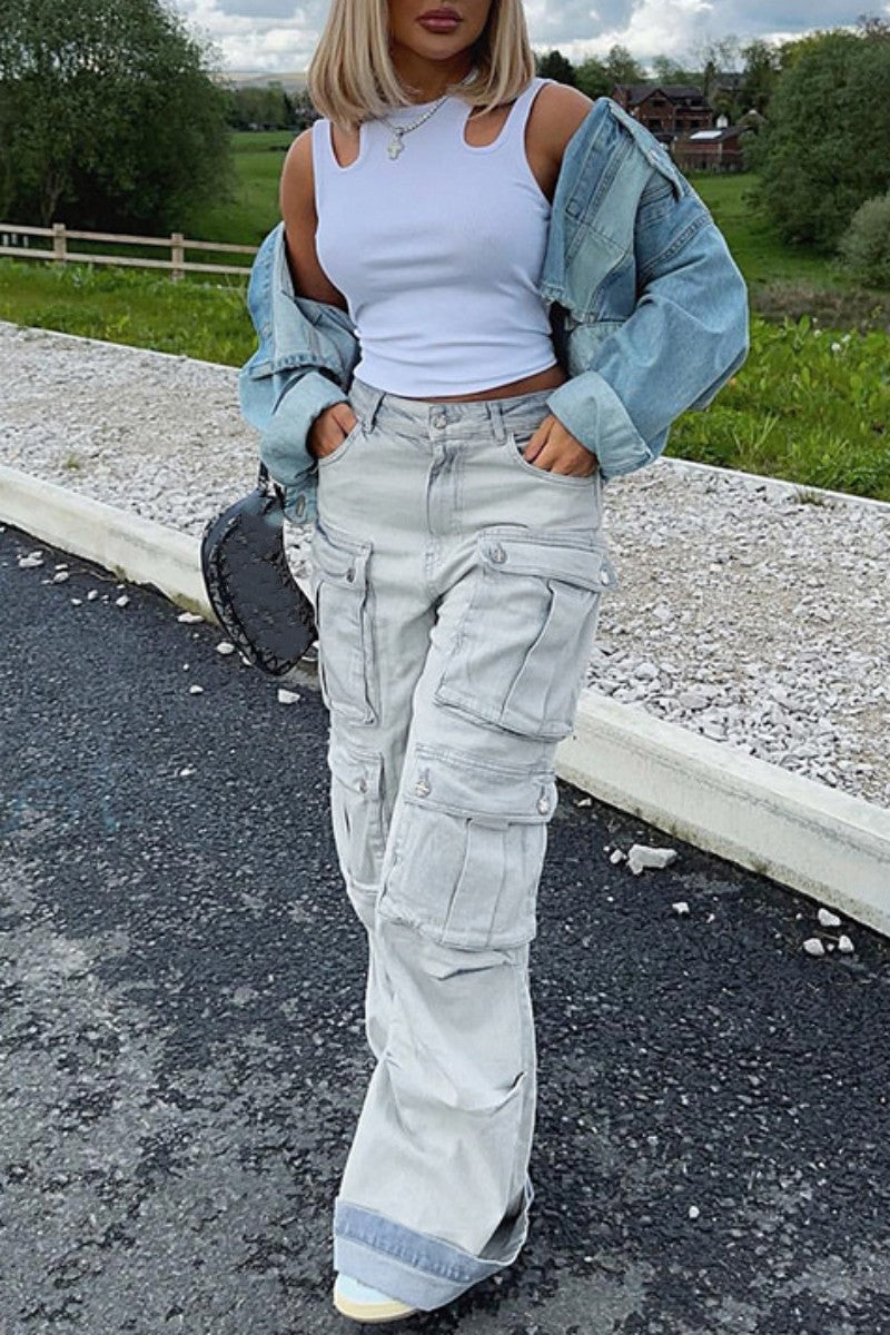 Casual Solid Patchwork High Waist Regular Denim Jeans