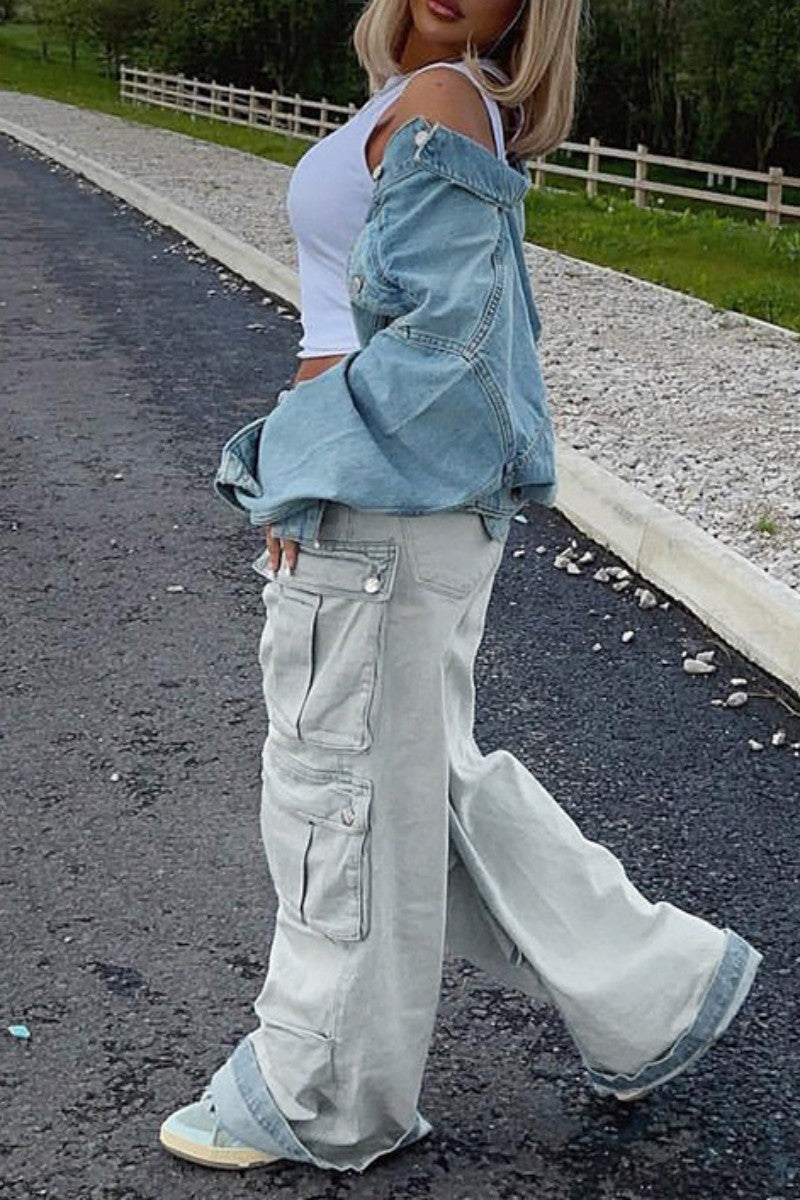 Casual Solid Patchwork High Waist Regular Denim Jeans