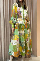 Elegant College Print Buckle Contrast Turndown Collar Printed Dress Dresses