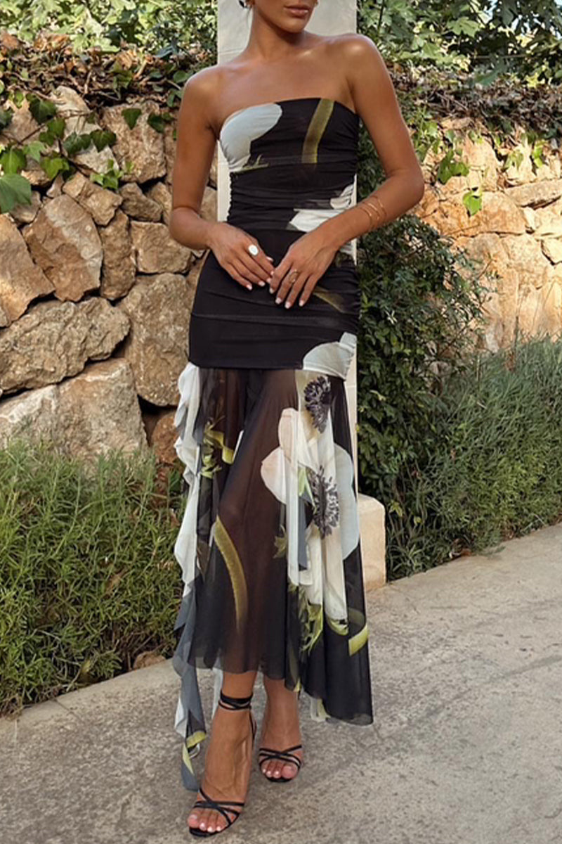 Sexy College Floral Asymmetrical Strapless Dresses