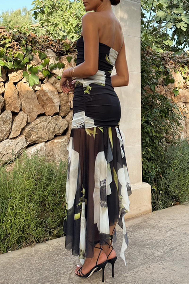 Sexy College Floral Asymmetrical Strapless Dresses